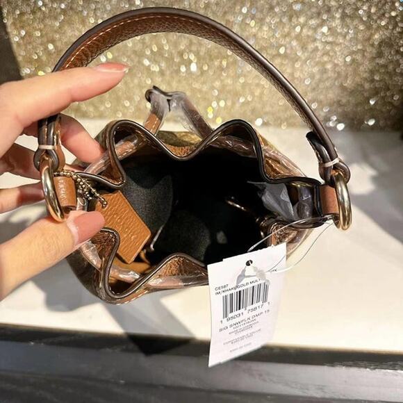 Coach CE587 Dempsey Drawstring Bucket Bag 15 With Snowflake Print Im/Khaki/Gold - Picture 7 of 9
